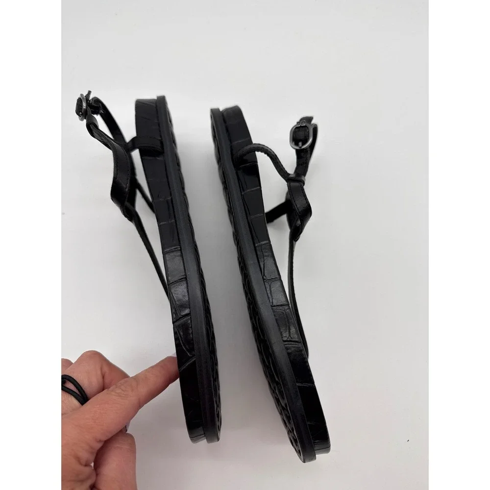 Sam Edelman Womens Black Croc Embossed T-Strap Buckle Ankle Sandals Size 7